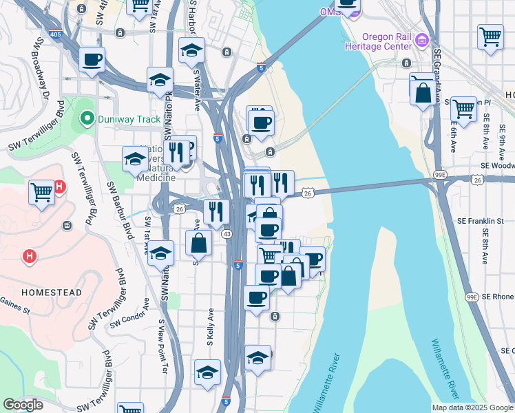map of restaurants, bars, coffee shops, grocery stores, and more near 3030 South Moody Avenue in Portland