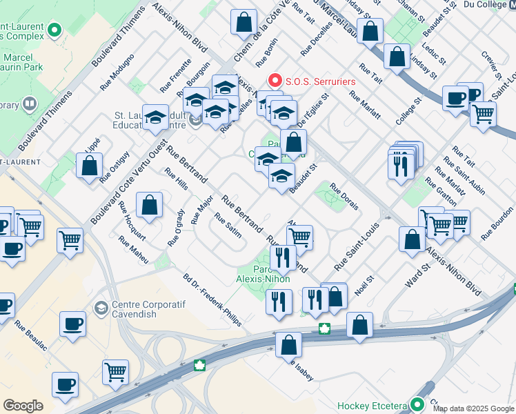 map of restaurants, bars, coffee shops, grocery stores, and more near 2440 Rue Stevens in Montréal