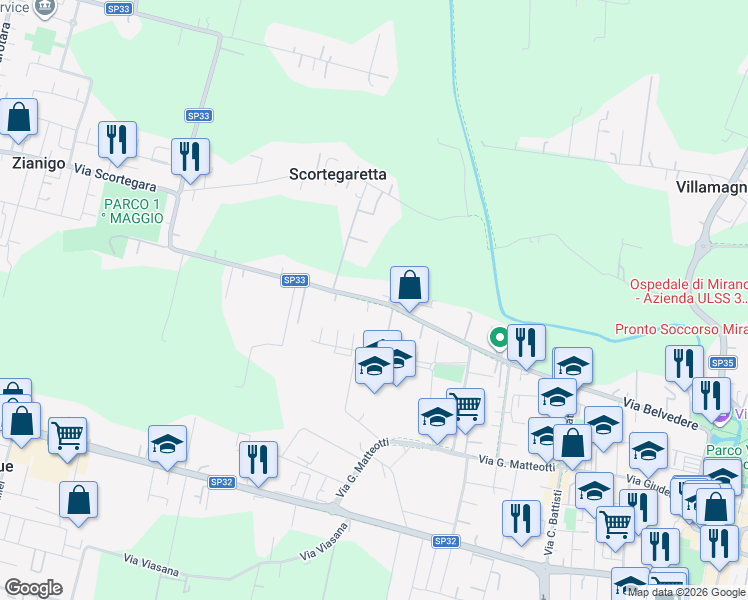 map of restaurants, bars, coffee shops, grocery stores, and more near 26 Via Scortegara in Mirano