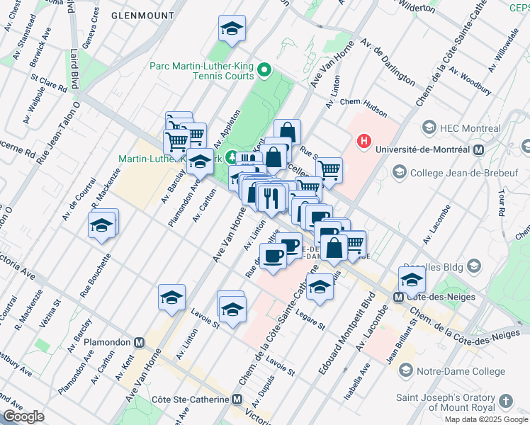 map of restaurants, bars, coffee shops, grocery stores, and more near 3605 Linton Avenue in Montreal
