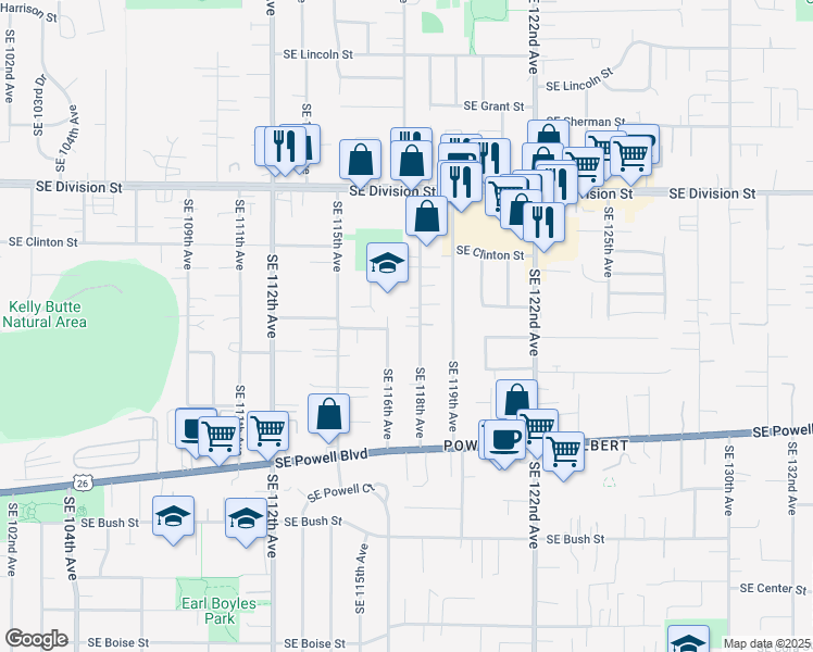 map of restaurants, bars, coffee shops, grocery stores, and more near 8636 Southeast Woodward Court in Portland