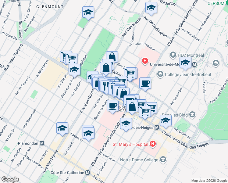 map of restaurants, bars, coffee shops, grocery stores, and more near 5820 Place Decelles in Montréal