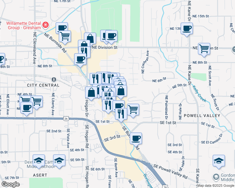 map of restaurants, bars, coffee shops, grocery stores, and more near 2059 Northeast 5th Street in Gresham