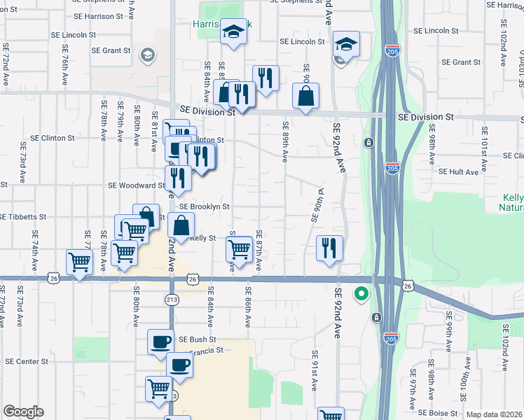 map of restaurants, bars, coffee shops, grocery stores, and more near 2858 Southeast 87th Avenue in Portland