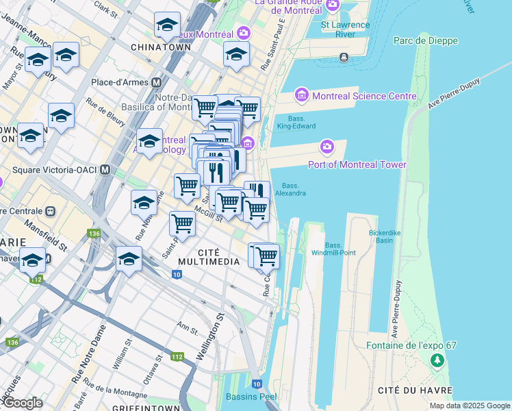 map of restaurants, bars, coffee shops, grocery stores, and more near in Montreal