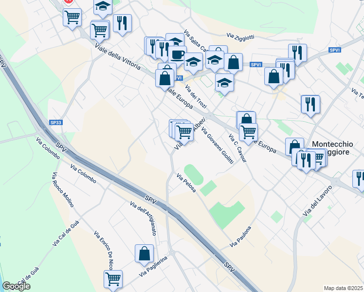 map of restaurants, bars, coffee shops, grocery stores, and more near 14 Via degli Alberi in Montecchio Maggiore