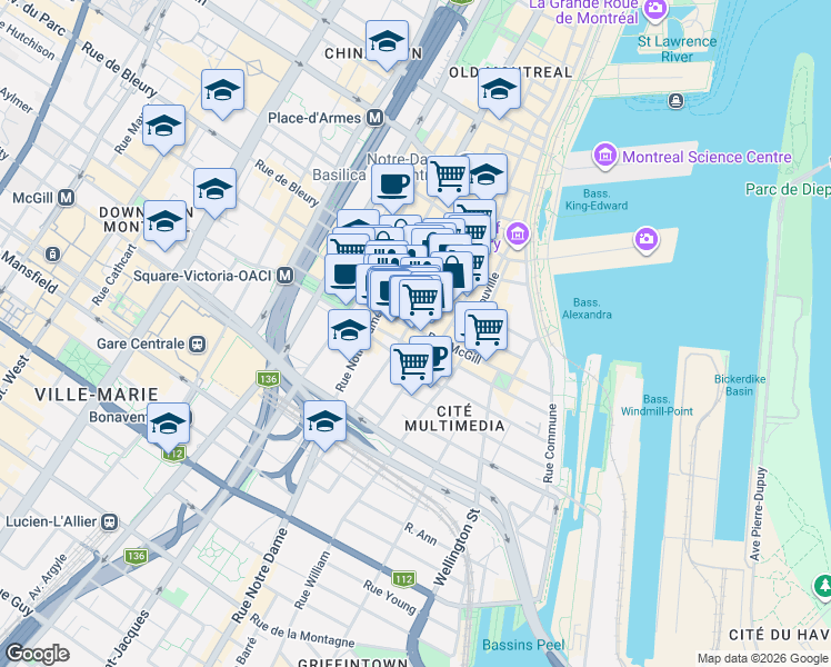 map of restaurants, bars, coffee shops, grocery stores, and more near in Montreal