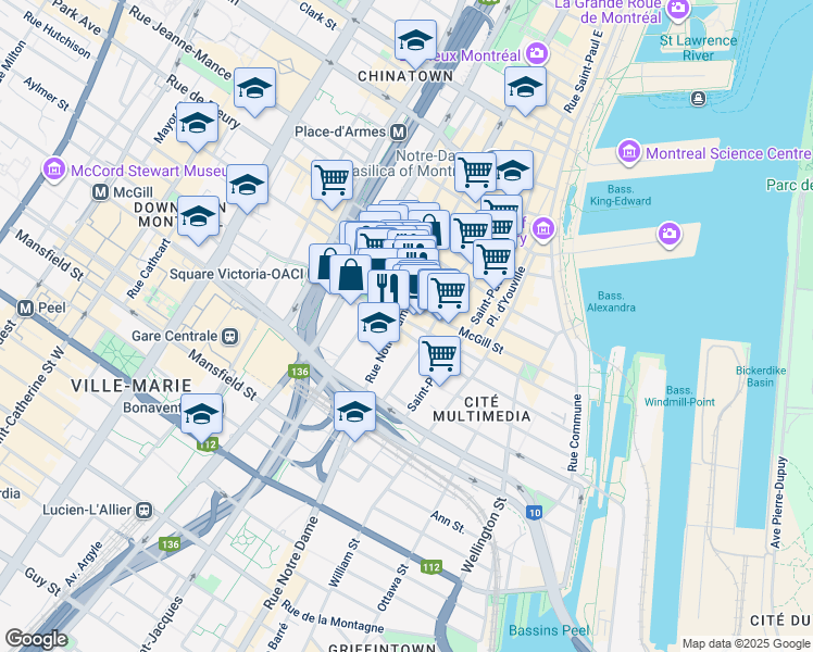 map of restaurants, bars, coffee shops, grocery stores, and more near 650 Notre-Dame Street West in Montreal