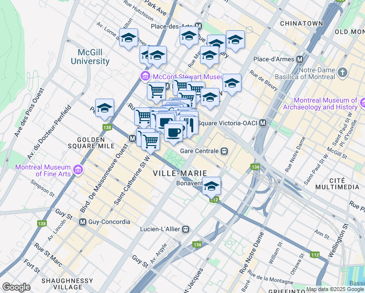 map of restaurants, bars, coffee shops, grocery stores, and more near in Montreal