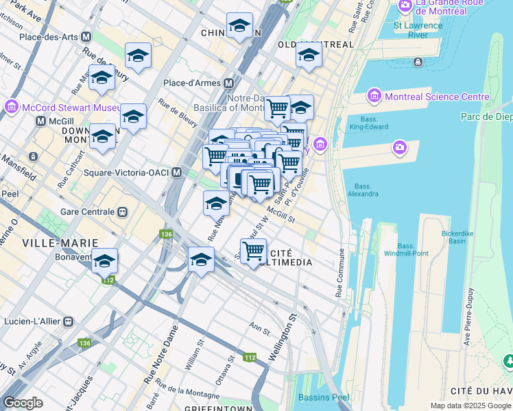 map of restaurants, bars, coffee shops, grocery stores, and more near 430 Rue McGill in Montréal