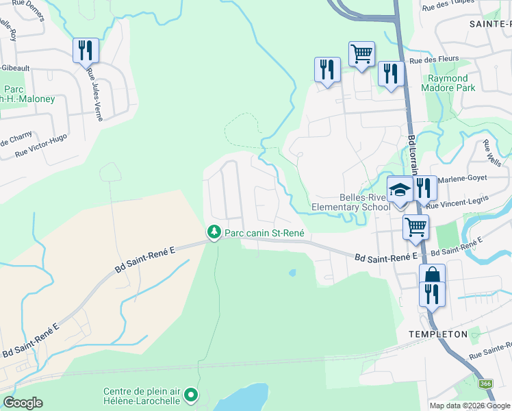 map of restaurants, bars, coffee shops, grocery stores, and more near Rue Quévillon in Gatineau