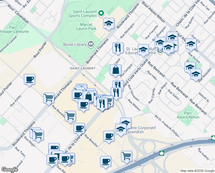 map of restaurants, bars, coffee shops, grocery stores, and more near 11111 Boulevard Cavendish in Montréal