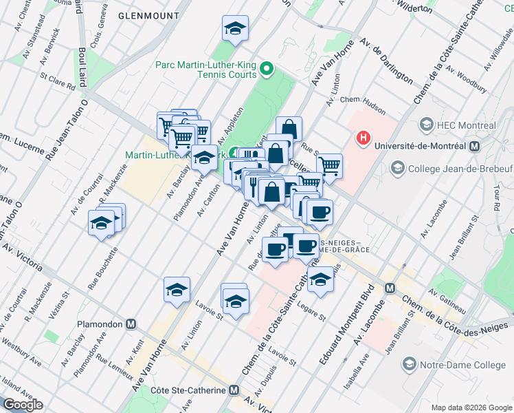 map of restaurants, bars, coffee shops, grocery stores, and more near 6100A Chemin de la Côte-des-Neiges in Montréal