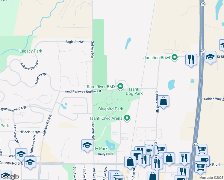 map of restaurants, bars, coffee shops, grocery stores, and more near 751 Isanti Parkway Northwest in Isanti