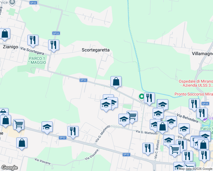 map of restaurants, bars, coffee shops, grocery stores, and more near 26 Via Scortegara in Mirano
