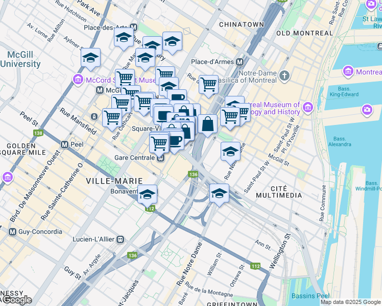 map of restaurants, bars, coffee shops, grocery stores, and more near 999 Réso Montréal Souterrain in Montréal