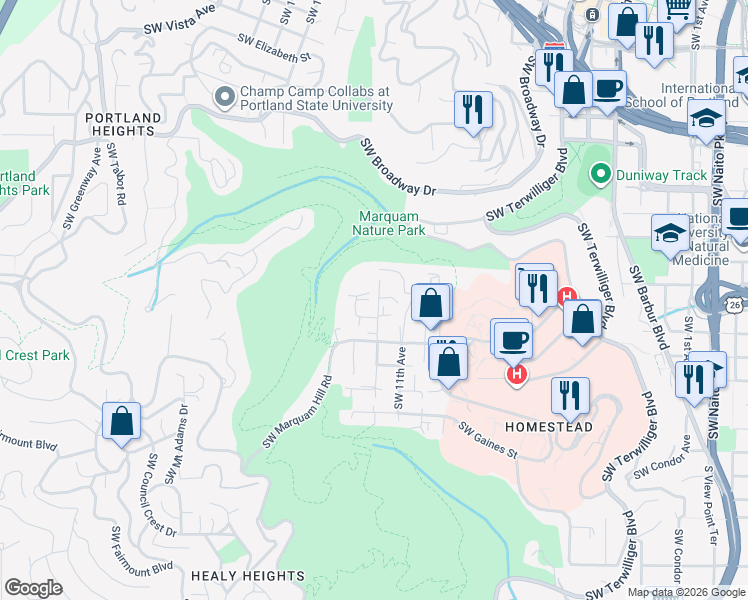 map of restaurants, bars, coffee shops, grocery stores, and more near 3015 Southwest 12th Avenue in Portland