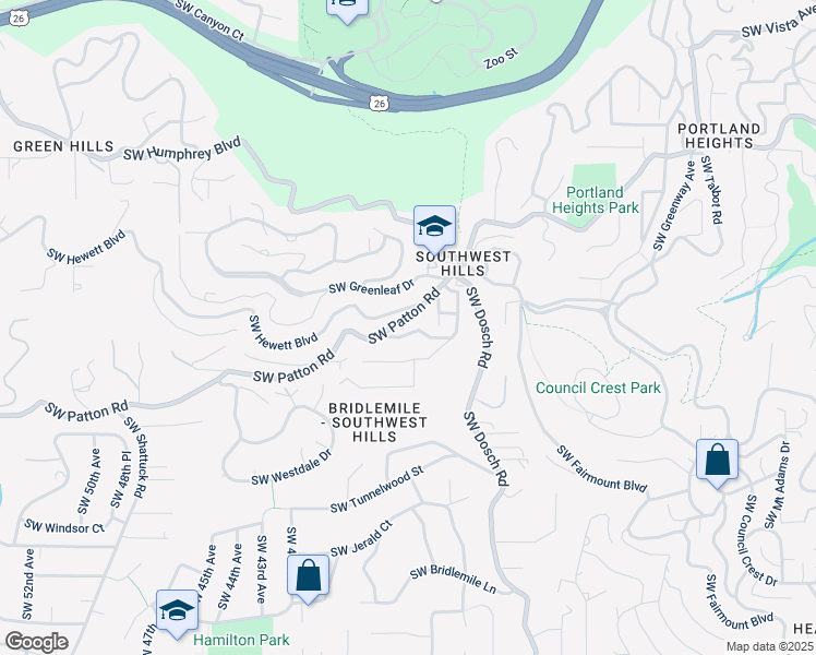 map of restaurants, bars, coffee shops, grocery stores, and more near 3646 Southwest Patton Road in Portland