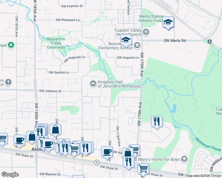 map of restaurants, bars, coffee shops, grocery stores, and more near 2544 Southwest 175th Avenue in Aloha