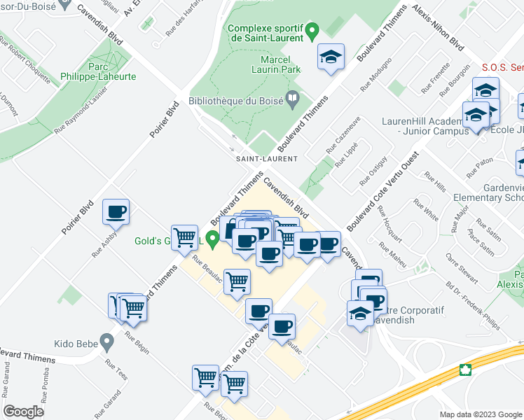 map of restaurants, bars, coffee shops, grocery stores, and more near 11200 Boulevard Cavendish in Montreal