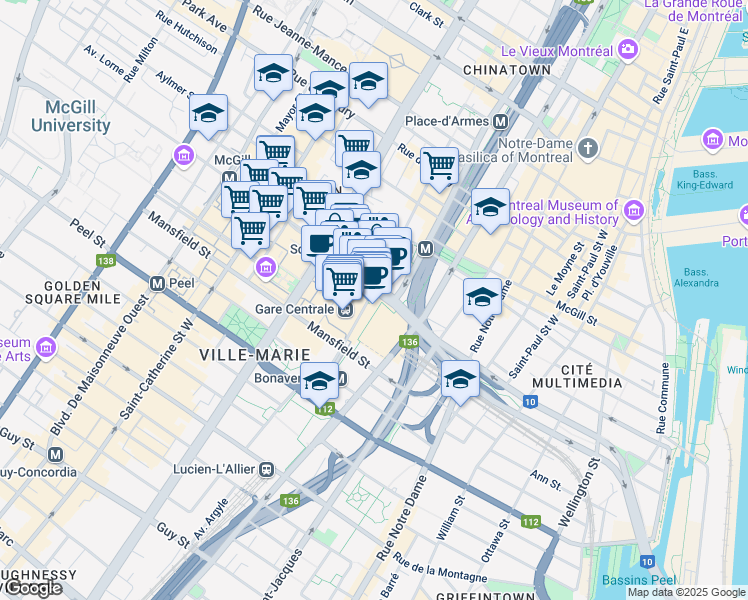 map of restaurants, bars, coffee shops, grocery stores, and more near 782 Rue De La Gauchetière Ouest in Montréal