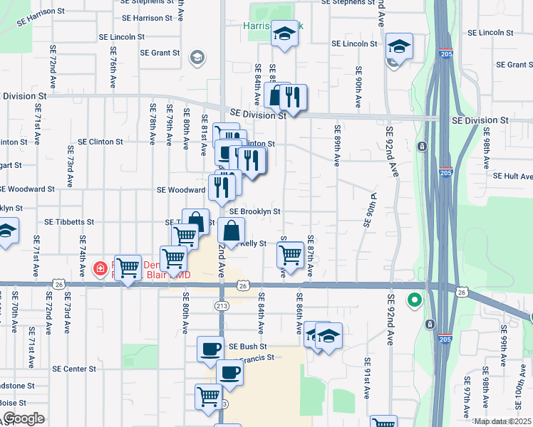 map of restaurants, bars, coffee shops, grocery stores, and more near 8374 Southeast Brooklyn Street in Portland