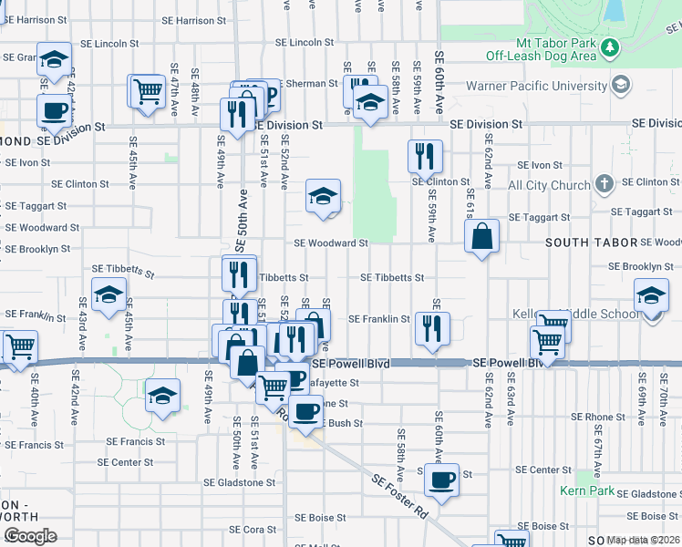 map of restaurants, bars, coffee shops, grocery stores, and more near 5427 Southeast Tibbetts Street in Portland