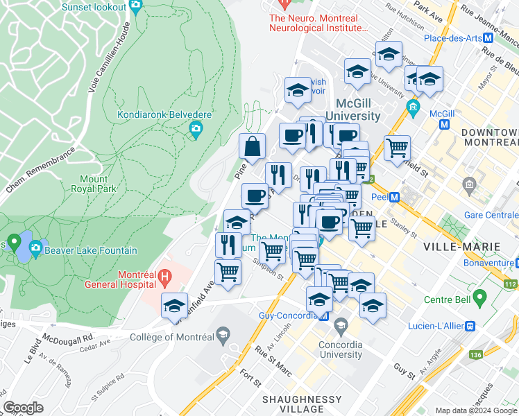 map of restaurants, bars, coffee shops, grocery stores, and more near in Montreal
