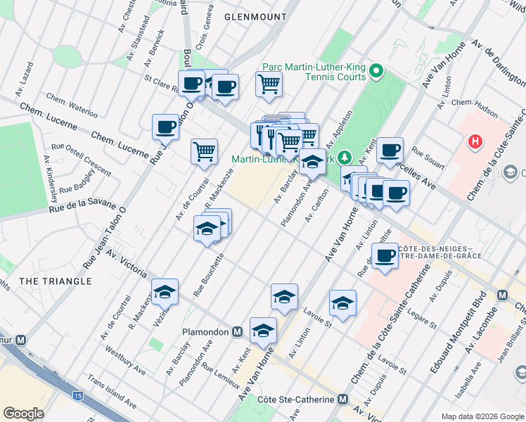 map of restaurants, bars, coffee shops, grocery stores, and more near 3941 Avenue Barclay in Montrã©Al