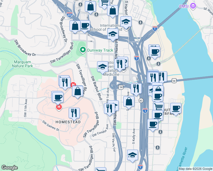 map of restaurants, bars, coffee shops, grocery stores, and more near 3125 Southwest 1st Avenue in Portland