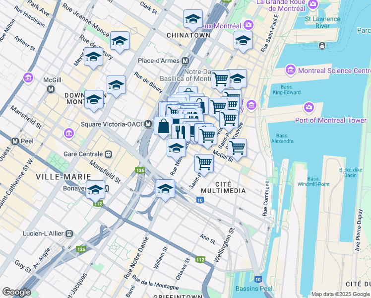 map of restaurants, bars, coffee shops, grocery stores, and more near 660 Rue Notre-Dame Ouest in Montréal