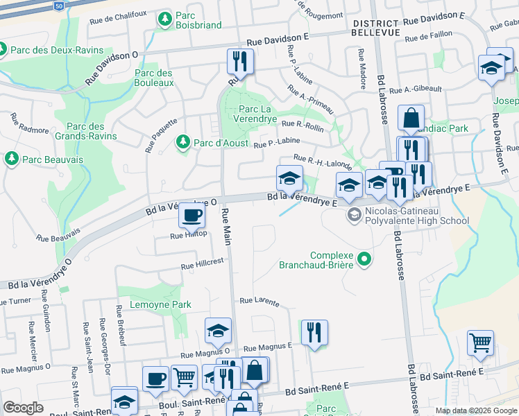 map of restaurants, bars, coffee shops, grocery stores, and more near 196 Boulevard la Vérendrye Est in Gatineau
