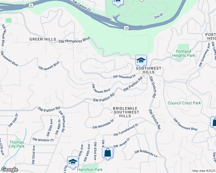 map of restaurants, bars, coffee shops, grocery stores, and more near 4112 Southwest Greenhills Way in Portland