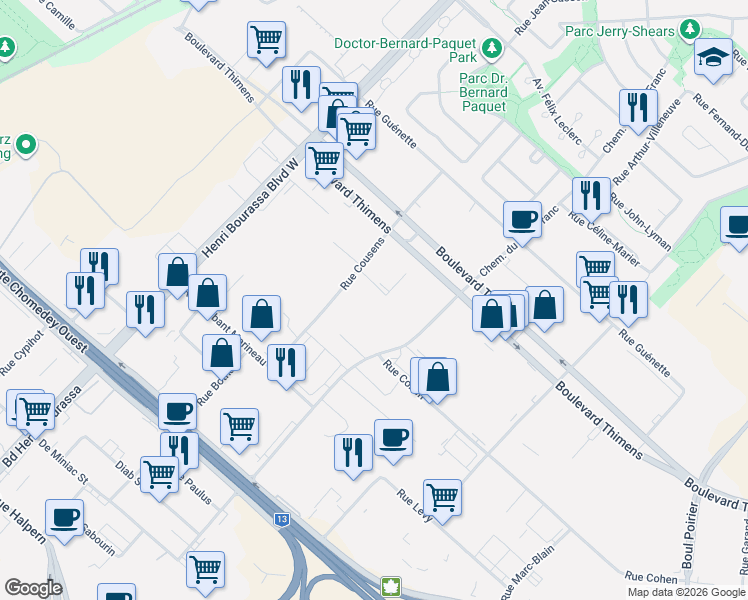 map of restaurants, bars, coffee shops, grocery stores, and more near 4500 Rue Cousens in Montréal