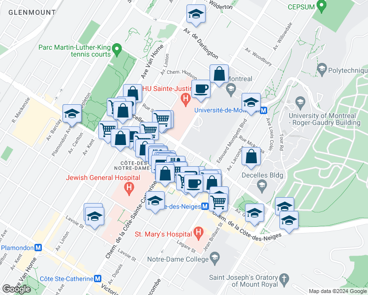 map of restaurants, bars, coffee shops, grocery stores, and more near 5660 Avenue Decelles in Montréal