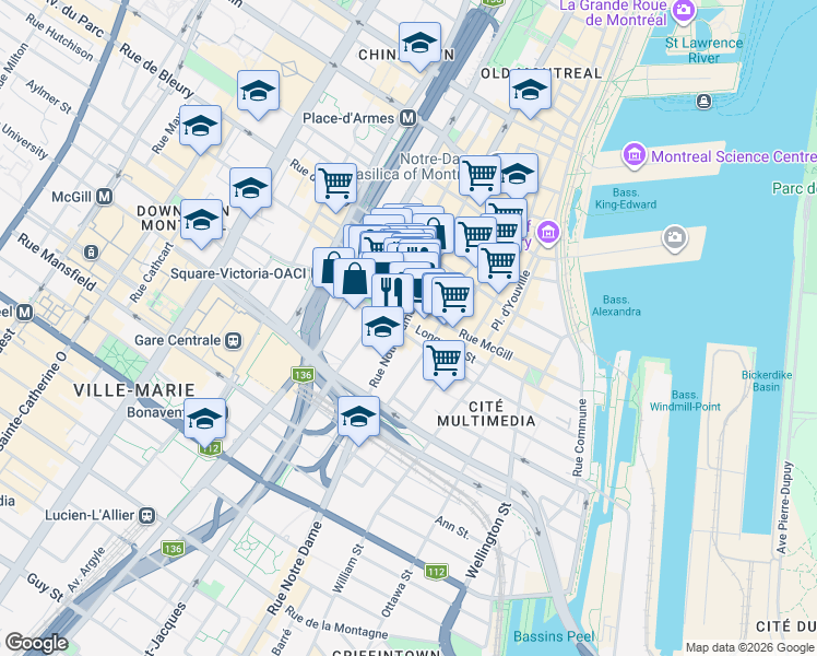 map of restaurants, bars, coffee shops, grocery stores, and more near 650 Rue Notre-Dame Ouest in Montréal
