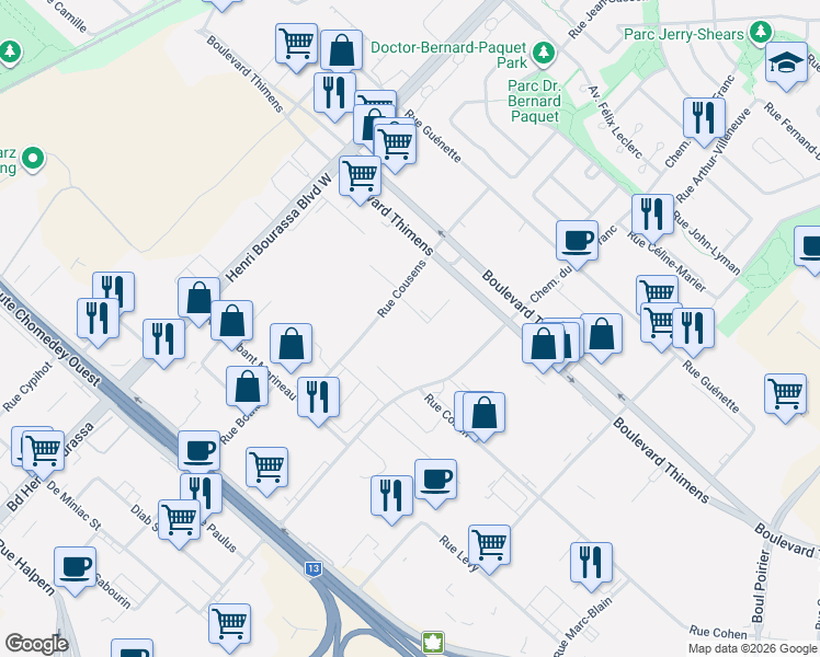 map of restaurants, bars, coffee shops, grocery stores, and more near 4500 Rue Cousens in Montréal