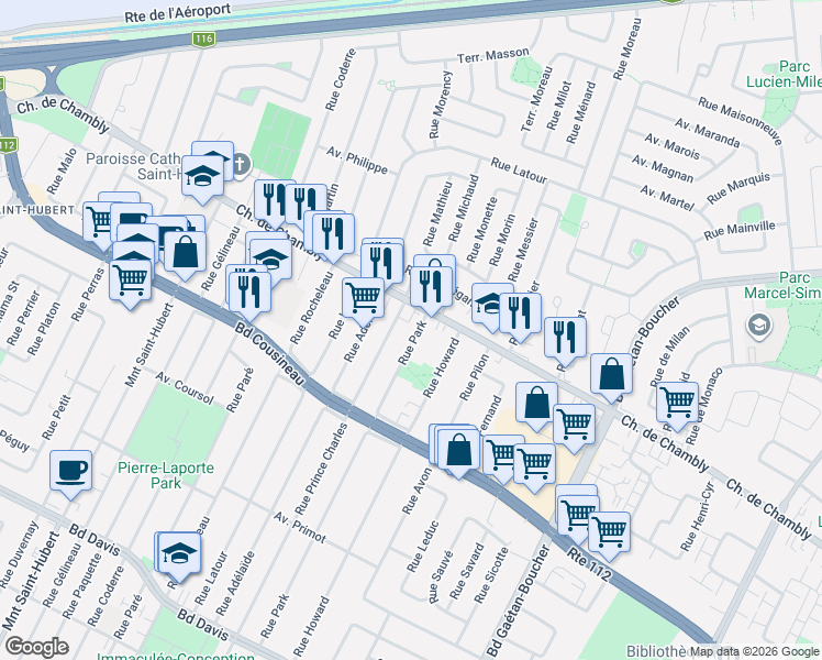 map of restaurants, bars, coffee shops, grocery stores, and more near 2240 Rue Park in Longueuil