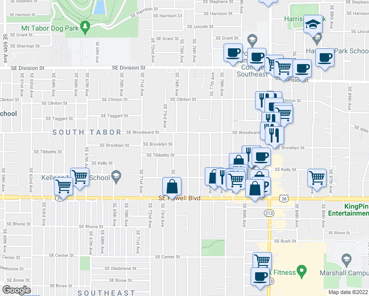map of restaurants, bars, coffee shops, grocery stores, and more near 3011 Southeast 75th Avenue in Portland