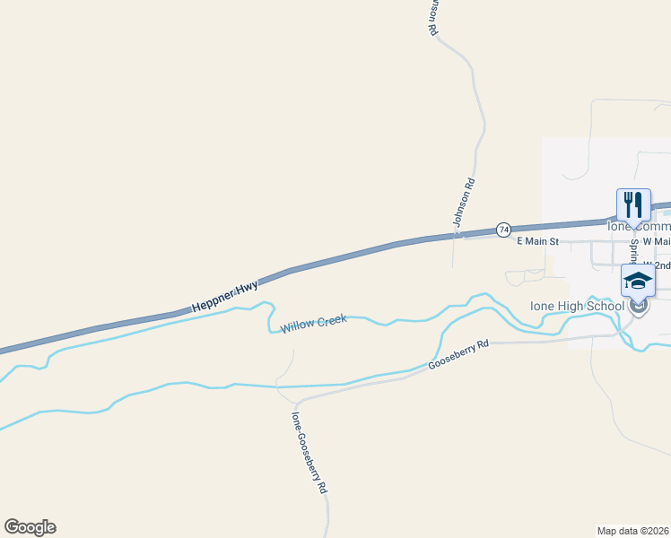 map of restaurants, bars, coffee shops, grocery stores, and more near 62886 Hwy 74 in Ione