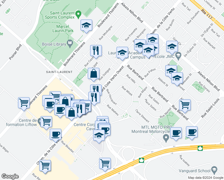map of restaurants, bars, coffee shops, grocery stores, and more near 999 Rue White in Montrã©Al