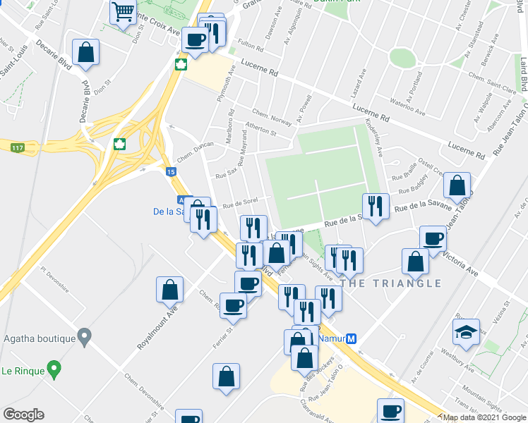map of restaurants, bars, coffee shops, grocery stores, and more near 8270 Avenue Mountain Sights in Montréal