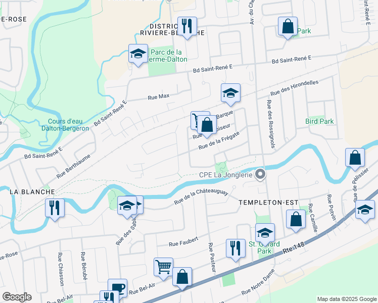 map of restaurants, bars, coffee shops, grocery stores, and more near Rue de la Frégate in Gatineau