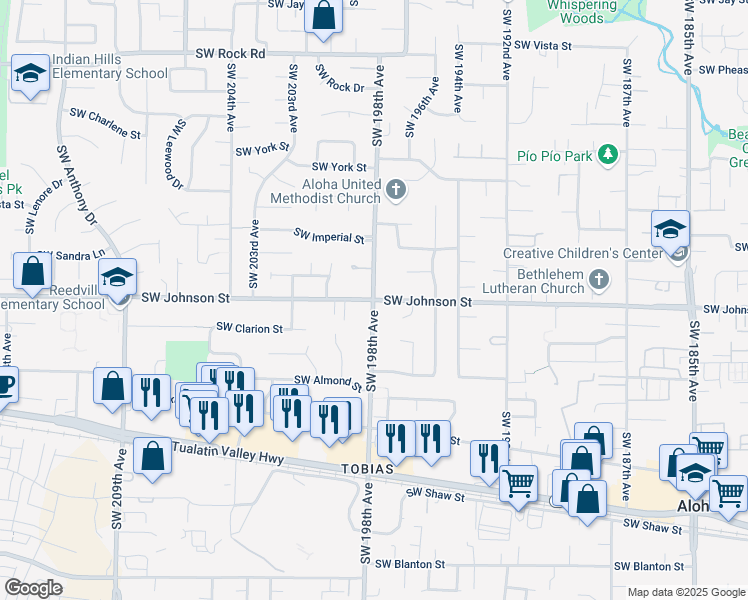 map of restaurants, bars, coffee shops, grocery stores, and more near Southwest 198th Avenue & Southwest Johnson Street in Aloha