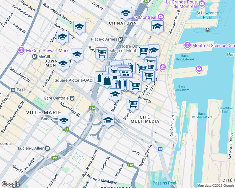 map of restaurants, bars, coffee shops, grocery stores, and more near in Montreal