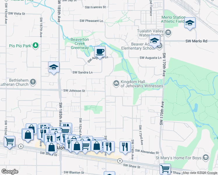 map of restaurants, bars, coffee shops, grocery stores, and more near 2560 Southwest 178th Avenue in Beaverton