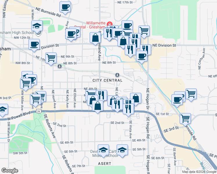 map of restaurants, bars, coffee shops, grocery stores, and more near 1181 Northeast 5th Street in Gresham