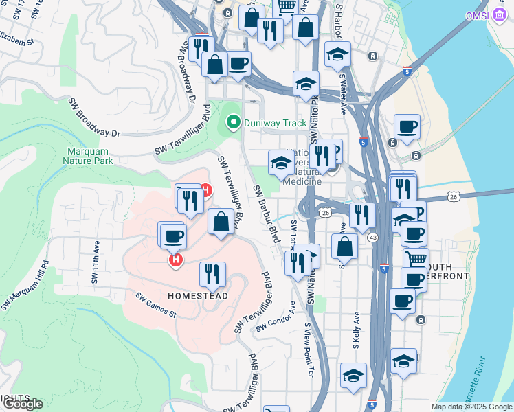 map of restaurants, bars, coffee shops, grocery stores, and more near in Portland