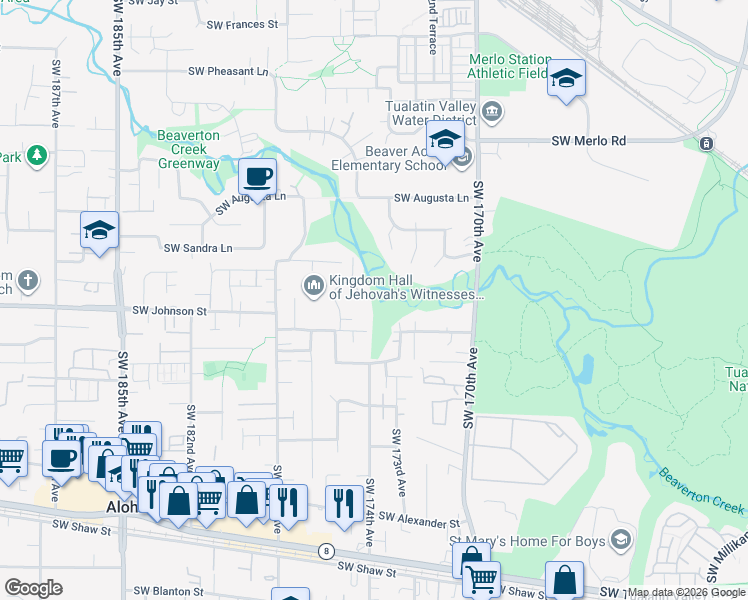 map of restaurants, bars, coffee shops, grocery stores, and more near 2544 Southwest 175th Avenue in Aloha