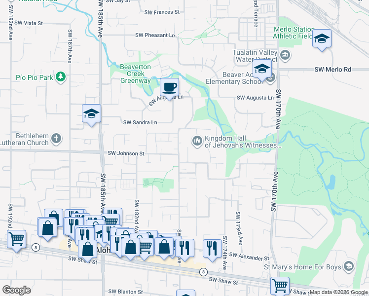 map of restaurants, bars, coffee shops, grocery stores, and more near 2560 Southwest 178th Avenue in Beaverton